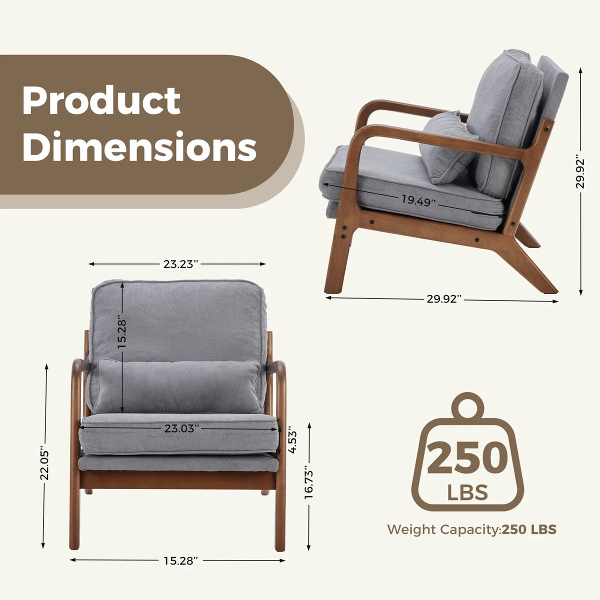 Mid Century Modern Solid Wood Accent Chair with Lumbar Cushion