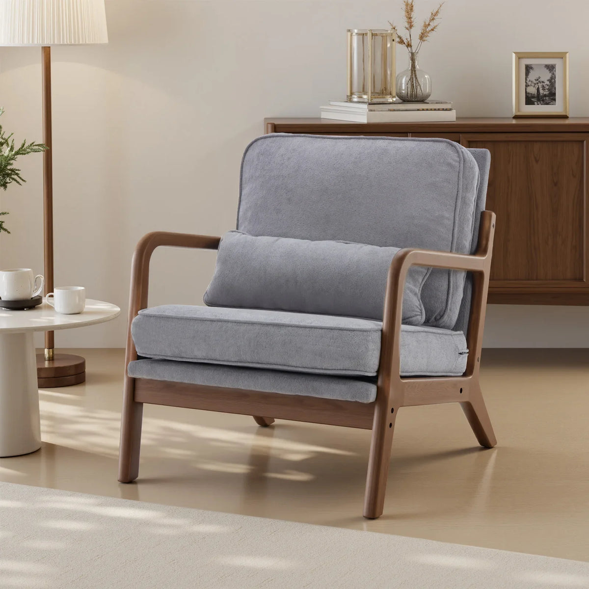 Mid Century Modern Solid Wood Accent Chair with Lumbar Cushion