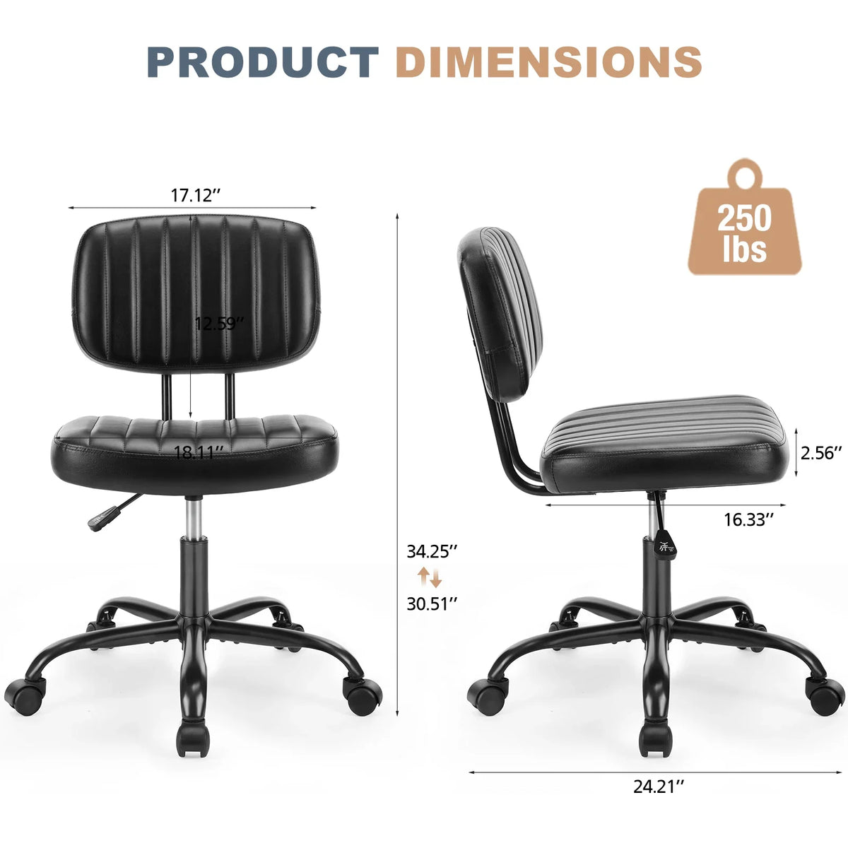 Armless Office Chair - PU Leather Swivel Computer Desk Chair