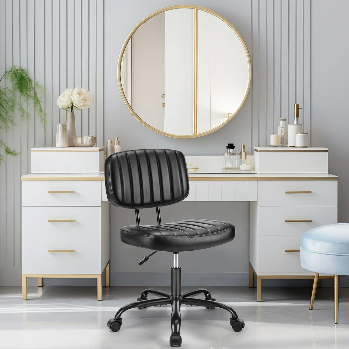 Armless Office Chair - PU Leather Swivel Computer Desk Chair