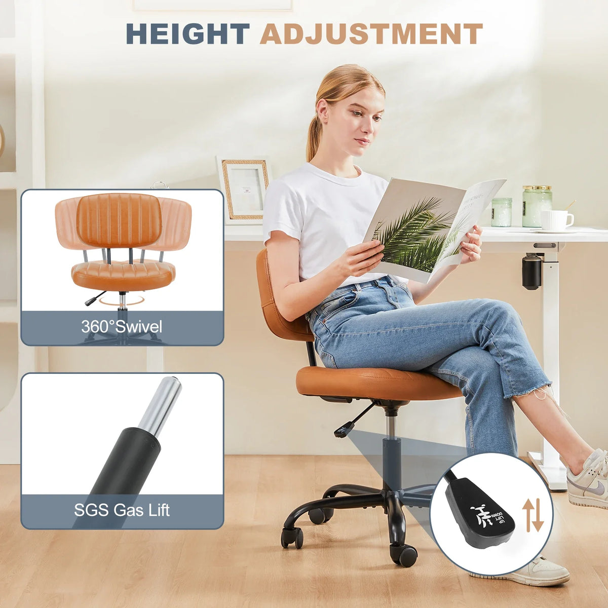 Armless Office Chair - PU Leather Swivel Computer Desk Chair