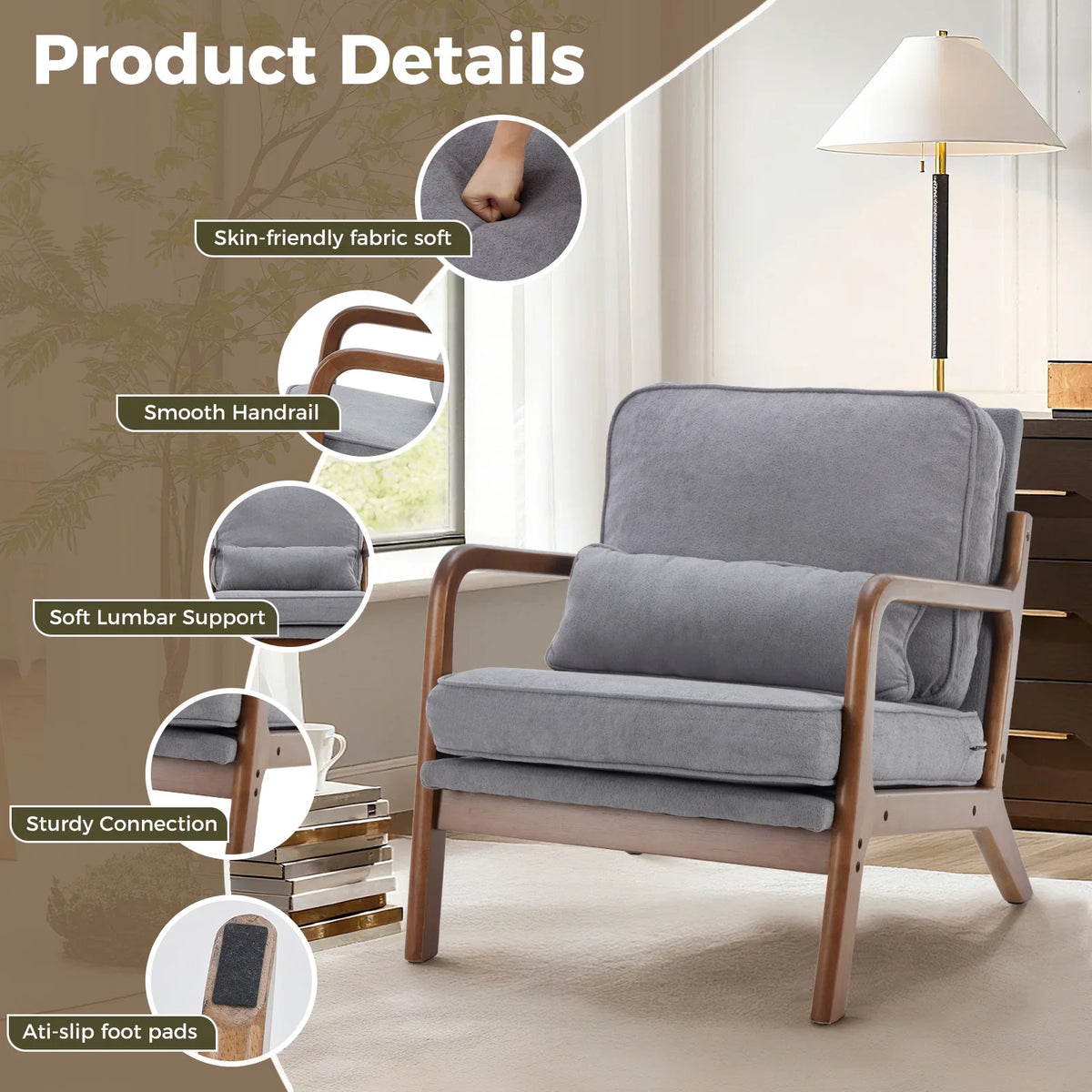 Mid Century Modern Solid Wood Accent Chair with Lumbar Cushion