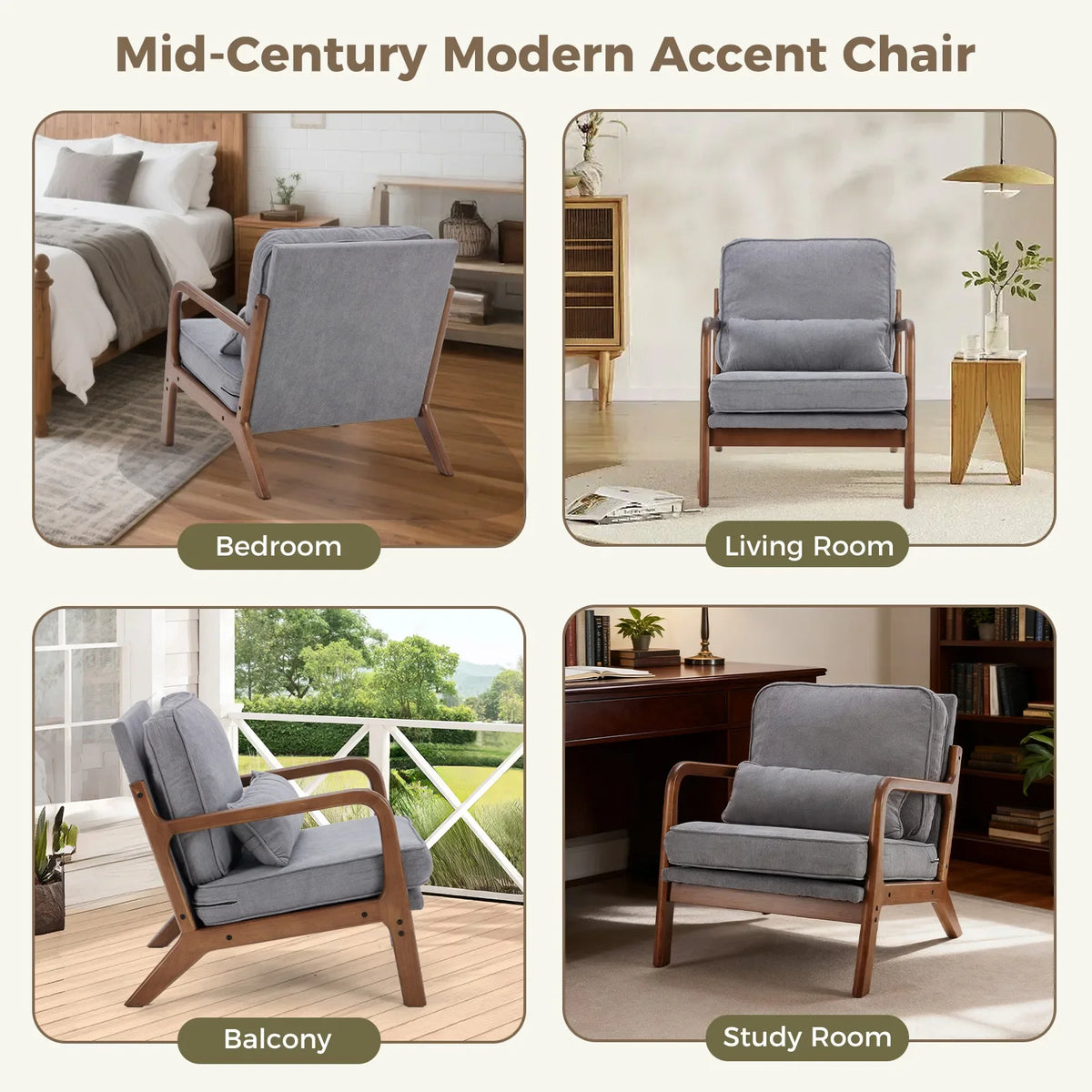 Mid Century Modern Solid Wood Accent Chair with Lumbar Cushion