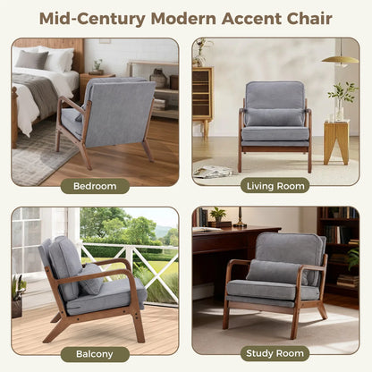Mid Century Modern Solid Wood Accent Chair with Lumbar Cushion